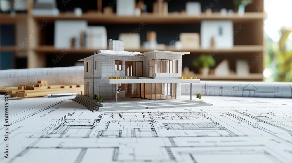 Poster Building house on blueprint under plan and architecture concept. A detailed architectural model showcasing modern design concepts.