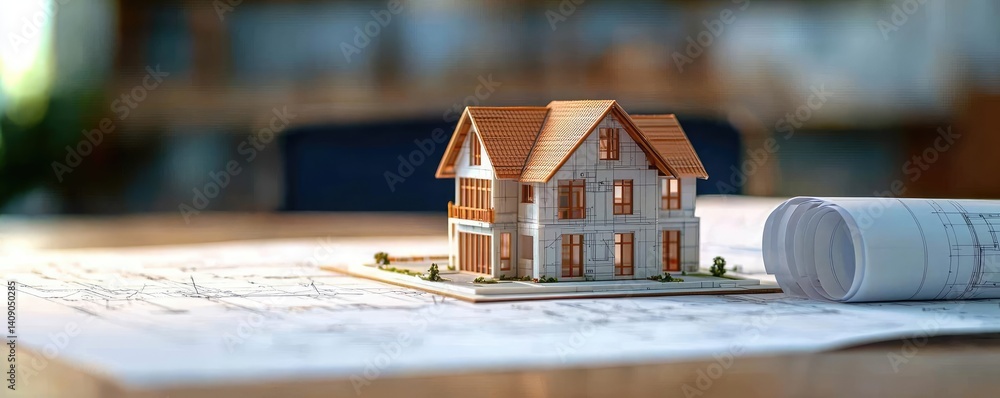 Poster Building house on blueprint with a focus on architecture and vignetting concept. A detailed miniature house on architectural blueprints.