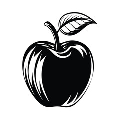 Black Apple Silhouette with Leaf, Fruit Icon, Food Illustration, Design
