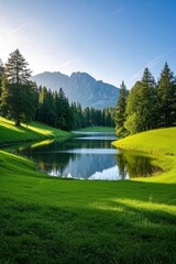 arafed view of a lake in a green field with a mountain in the background