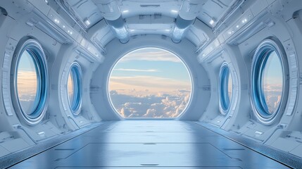 Futuristic Spaceship Corridor with Cloud View
