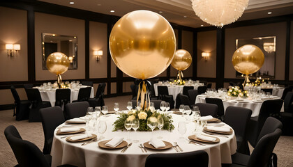 Elegant event space round tables golden balloons wedding reception venue celebration ballroom decor