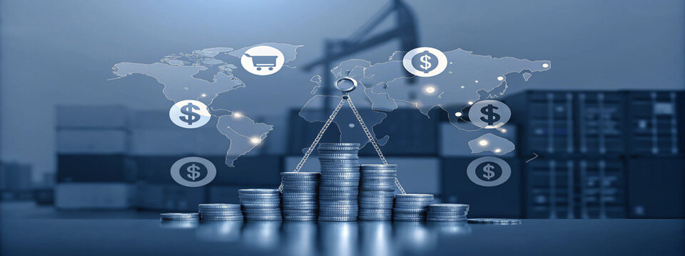 Import tariffs increase concept with digital symbols of trade, tax, and logistics over a global network background, Businessman uses tablet with import tariffs increase concept