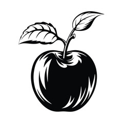 Black Apple Silhouette with Leaves, Food on White Background, Fruit Design