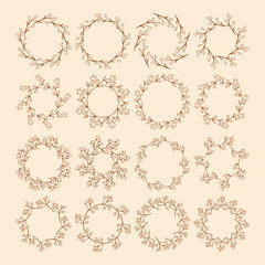 Simple flower circle frame set. Hand drawn brown round line border, leaves and flowers, wedding invitation and cards, logo design and posters template. Elegant minimal style floral isolated set