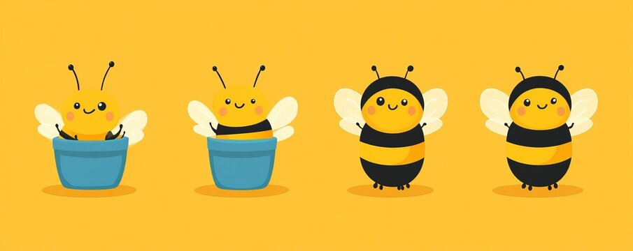 A yellow background serves as the setting for three charming pixel art bees that are situated in honey pots