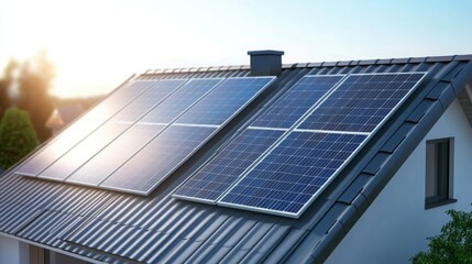 Solar panels installed on a residential roof reflecting sunlight in the early evening
