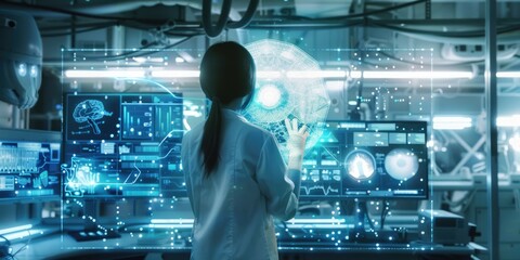 A scientist in a futuristic lab with an AI assistant as a holographic interface providing real-time data analysis. Advanced lab equipment in background. AIG60