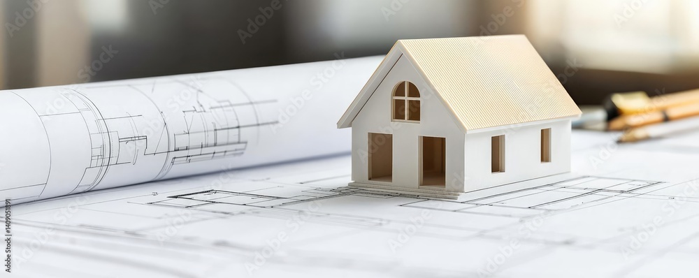 Poster Building house on blueprint with a focus on architecture and vignetting concept. Miniature house model on blueprint showcasing architectural design.