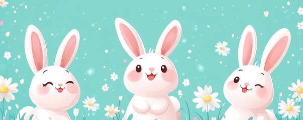 The teal background is adorned with a seamless pattern of white rabbits and daisies