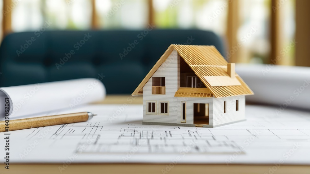 Poster Building house on blueprint under plan and architecture concept. Miniature house model on architectural blueprints in bright setting.