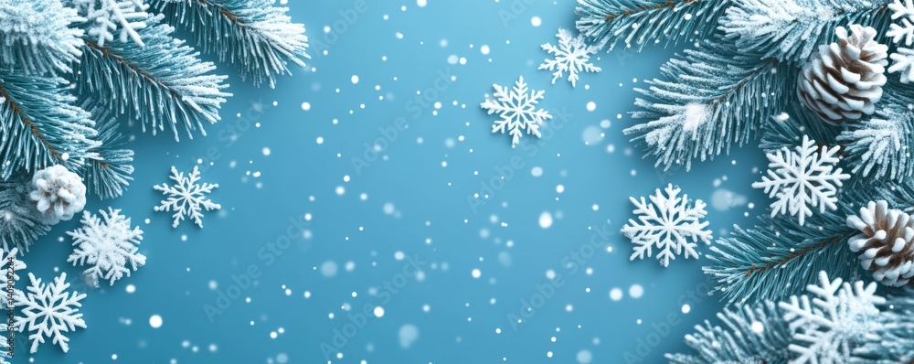 Poster festive winter setting with a background of snowflakes and bokeh lights
