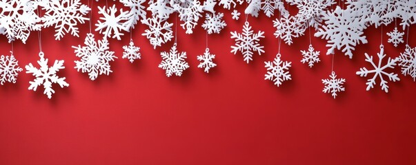 A red background features elegant white snowflakes accompanied by ornaments