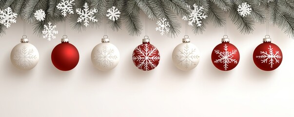 Festive holiday decor includes red and white Christmas ornaments featuring snowflakes