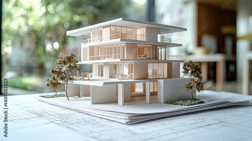Poster Building house on blueprint under plan and architecture concept. A detailed architectural model showcasing modern design elements.