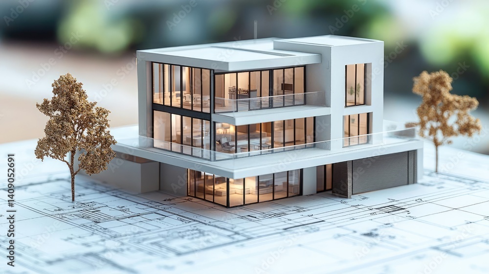 Poster Building house on blueprint under plan and architecture concept. Modern architectural model showcasing sleek design and detail.