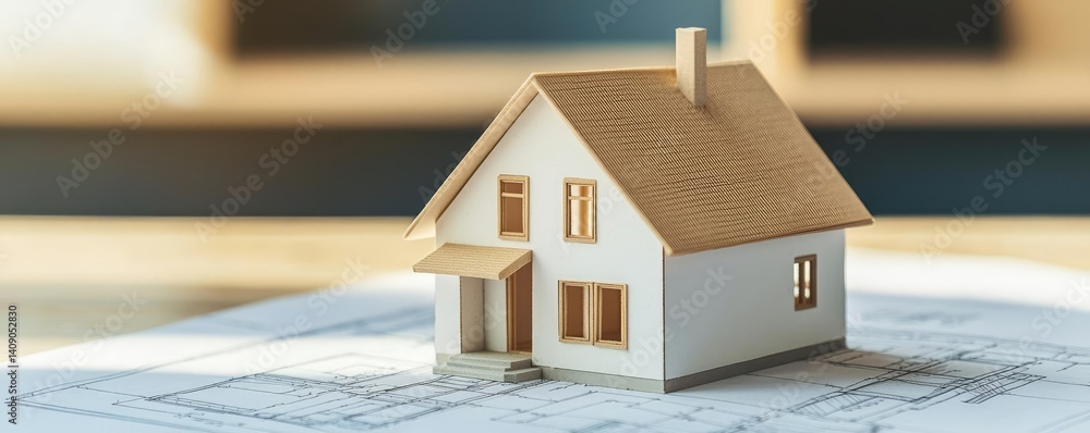 Poster Building house on blueprint with a focus on architecture and vignetting concept. Miniature house model on blueprint for architectural design.