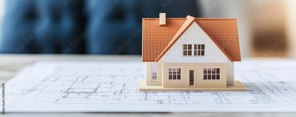 Aufkleber Building house on blueprint with a focus on architecture and vignetting concept. A model house on architectural plans for construction projects.