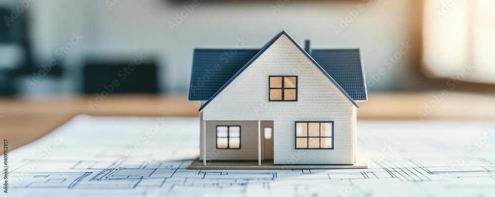 Aufkleber Building house on blueprint with a focus on architecture and vignetting concept. Model house on blueprints, symbolizing construction and design.