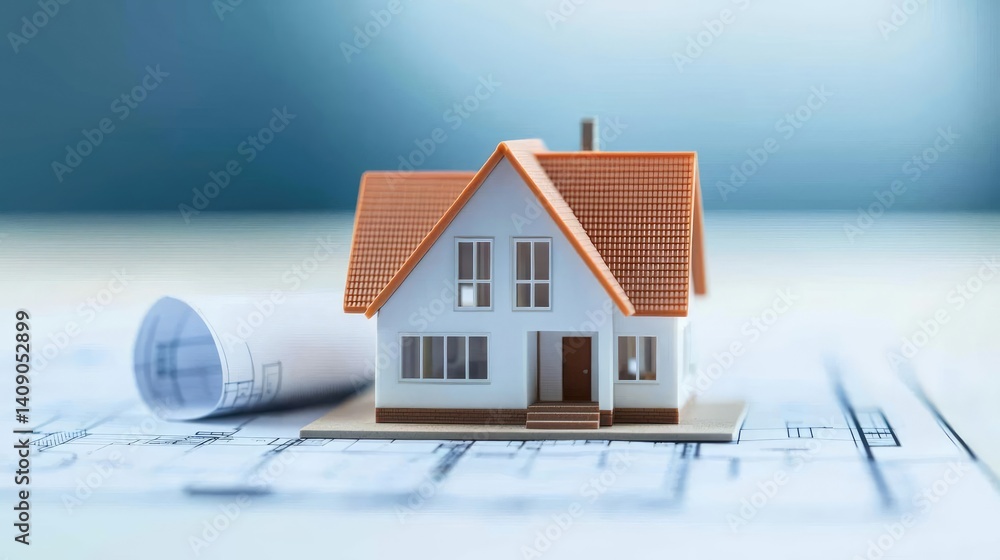 Poster Building house on blueprint with vignetting and construction concept. Model house on blueprint, symbolizing construction and design.