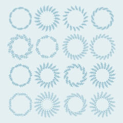 Simple flower circle frame set. Hand drawn blue round line border, leaves and flowers, wedding invitation and cards, logo design and posters template. Elegant minimal style floral isolated set