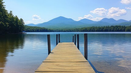 Fototapeta premium Wooden dock stretches into a lake, mountains stand in the background. Image evokes peaceful vacation, nature, and summer relaxation.