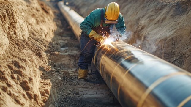 Pipeline worker welding underground gas pipes at an excavation site. Featuring safety and technical skills