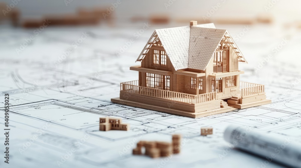 Poster Building house on blueprint with a focus on architecture and vignetting concept. A wooden model house placed on architectural blueprints.