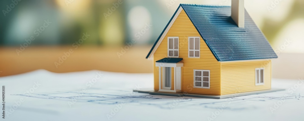 Poster Building house on blueprint with vignetting and construction concept. Close-up of a yellow model house on blueprints for construction.