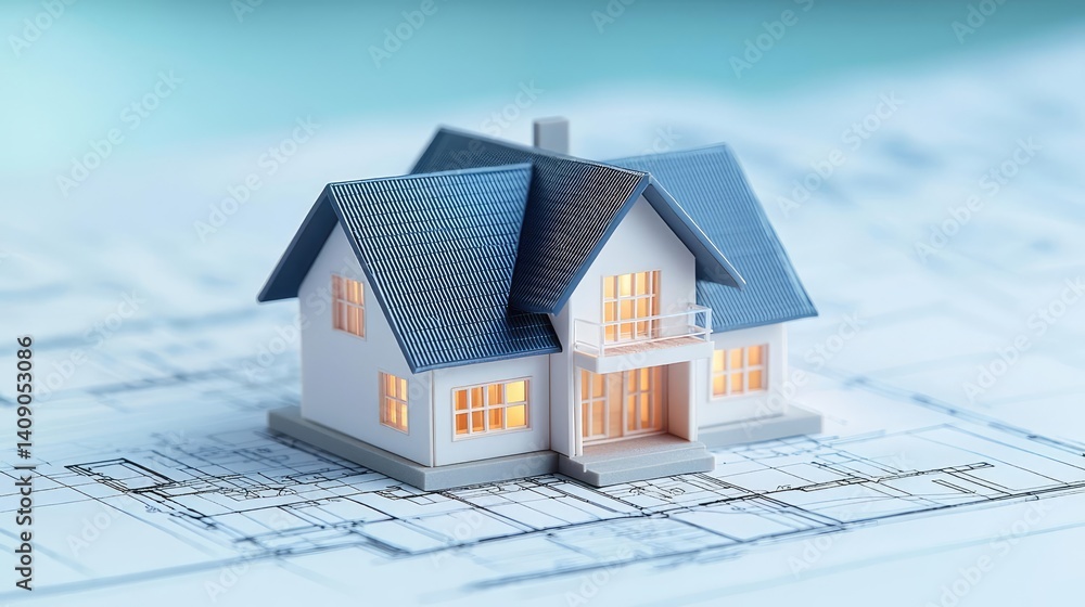 Poster Building house on blueprint with vignetting and construction concept. Miniature house model on architectural blueprint background.