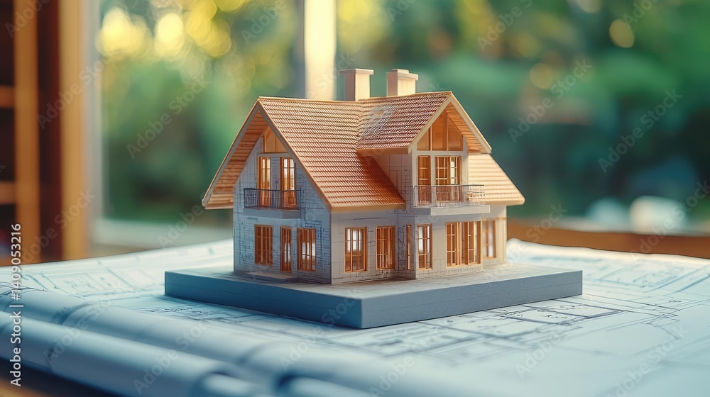 Poster Building house on blueprint with a focus on architecture and vignetting concept. Detailed model house on blueprint showcases architectural design.