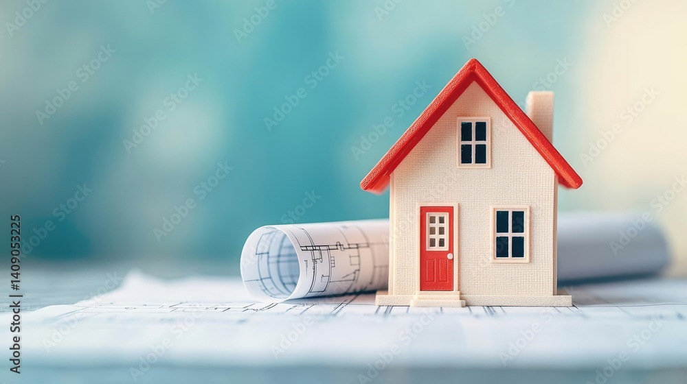Poster Building house on blueprint under plan and architecture concept. A model house with blueprints symbolizes home construction.