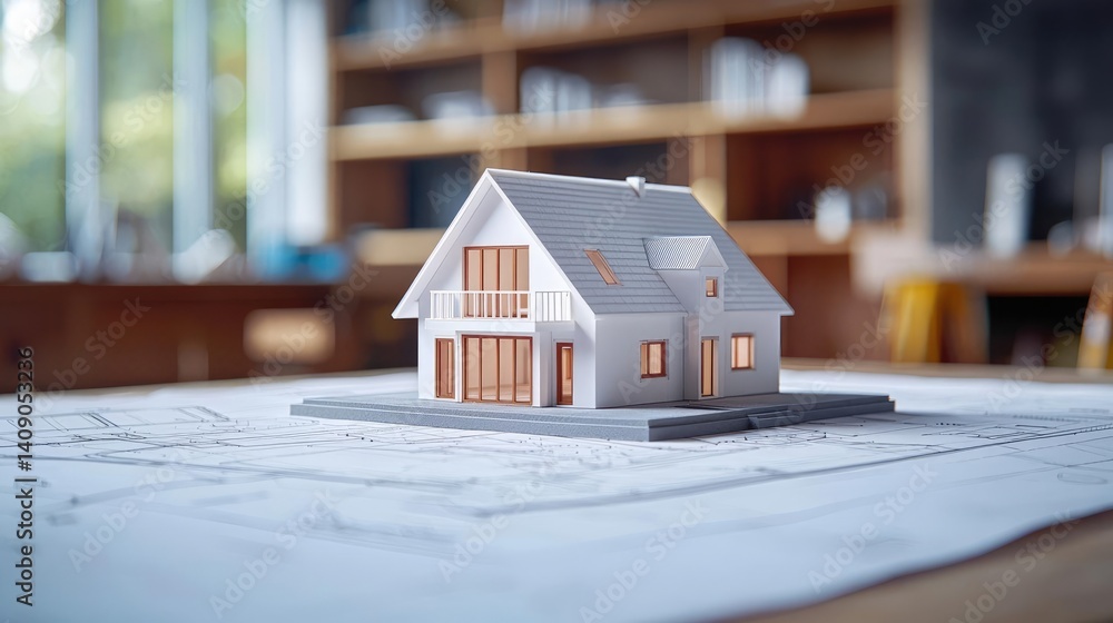 Aufkleber Building house on blueprint with a focus on architecture and vignetting concept. A detailed model house on architectural blueprints in a studio.
