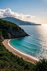 Fototapeta premium arafed view of a beach with a mountain in the background