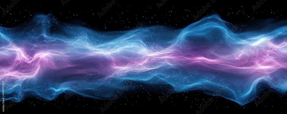 Poster glowing purple and blue lines on a dark background create an abstract representation of a digital ne
