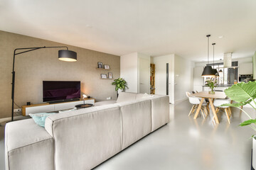 A contemporary living room showcasing minimalist design with elegant furniture and an inviting...