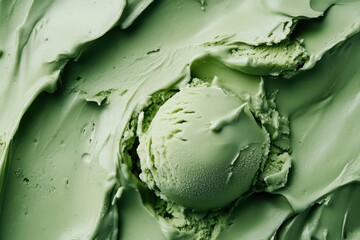 Fototapeta premium Close up shot shows green tea ice cream in a container with smooth textures. Good for illustrating desserts, food blogging, or advertising refreshing treats.