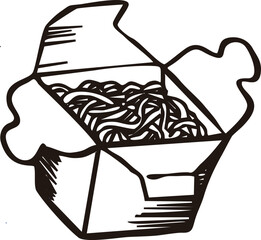 Black and white line art of an open noodle takeout box filled with delicious noodles. Great for Asian food illustrations, menu designs, restaurant branding, or culinary-themed graphic projects