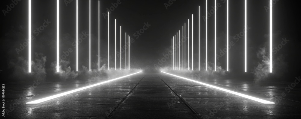 Poster a black grid serves as the backdrop for an abstract monochrome image with parallel white lines