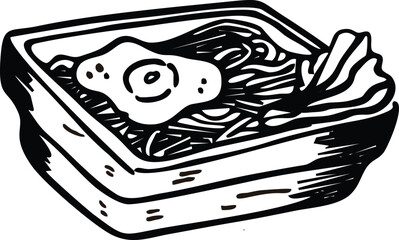 Black and white vector illustration of Asian noodles in a takeout box with egg and vegetables. Perfect for food design, menu art, culinary clipart, or restaurant branding