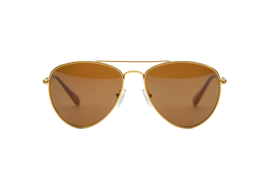 Timeless aviator style sunglasses with metallic gold frames placed on a crisp white background