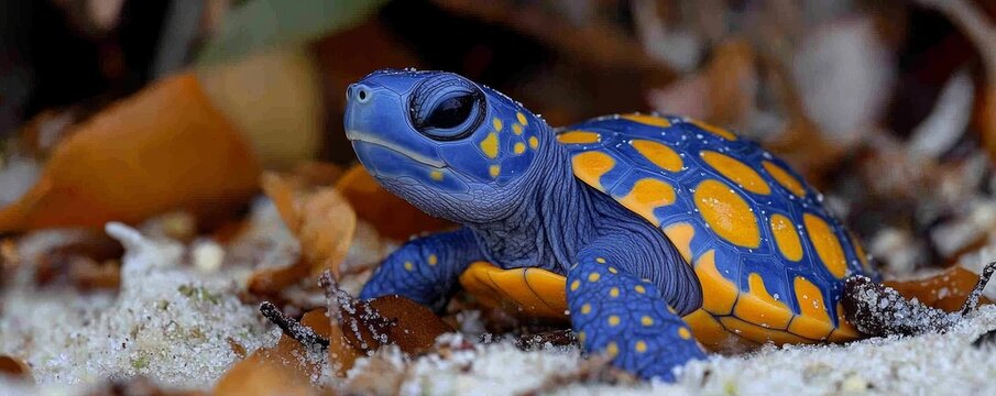Crawling on the sandy beach is a turtle that boasts a vibrant shell with hues of blue, yellow, and black