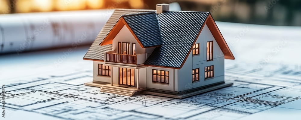 Poster Building house on blueprint with a focus on architecture and vignetting concept. A miniature house model on blueprints, symbolizing construction.