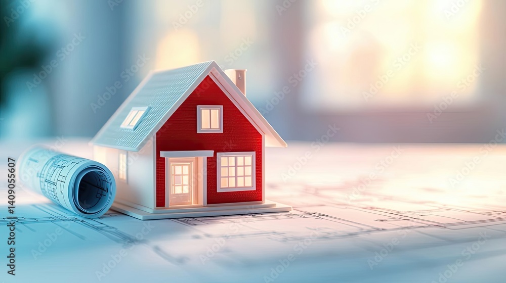Poster building house on blueprint under plan and architecture concept. a miniature house model sits on arc