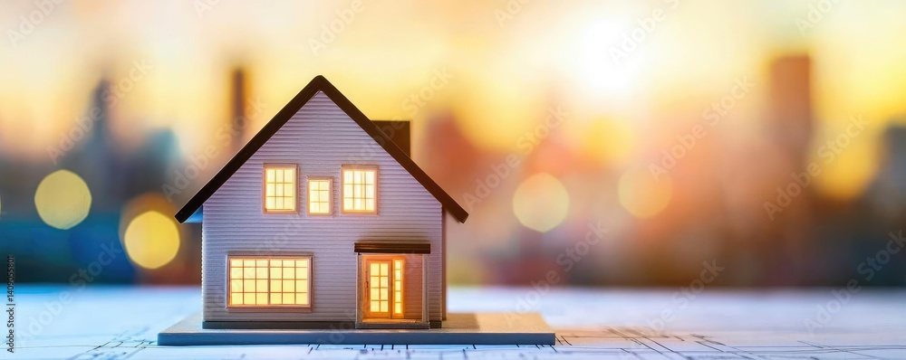 Poster building house on blueprint under plan and architecture concept. cozy miniature house with lights sh