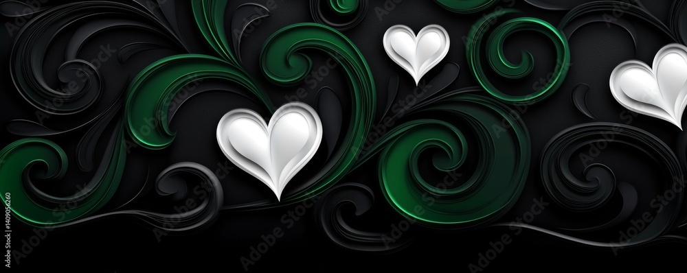Poster the design consists of a seamless pattern of hearts and swirls in white and teal set against a dark 