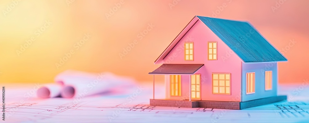 Poster Building house on blueprint under plan and architecture concept. A vibrant model house on blueprints with warm lighting backdrop.