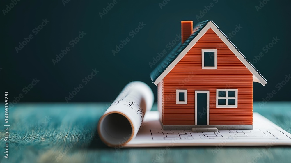 Poster Building house on blueprint with vignetting and construction concept. Miniature model house on blueprints for architectural design.