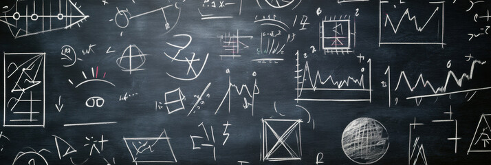 Chalkboard filled with mathematical formulas and geometric figures in a classroom setting during a math lecture in the morning Generative AI