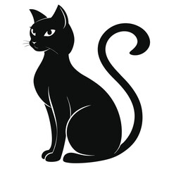 Elegant Black Cat Silhouette With Curled Tail Isolated on White Background Art